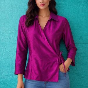 Purple Silk Wrap Surplice Career Blouse Embroidered Size 8